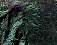 This false-color image of Colombia's Galeras Volcano, was acquired by UAVSAR on March 13, 2013. A highly active volcano, Galeras features a breached caldera and an active cone that produces numerous small to moderate explosive eruptions. It is