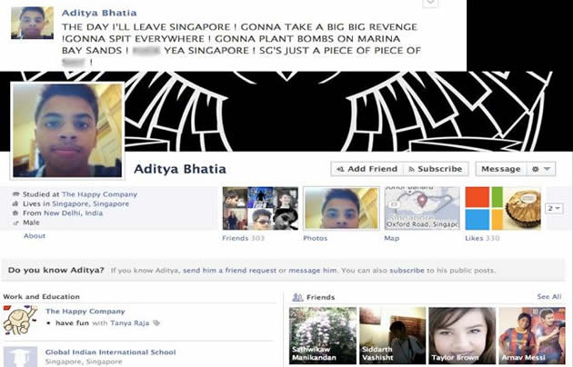 Indian national Aditya Bhatia's Facebook status, where he threatened to "plant bombs" at Marina Bay Sands. (Facebook Screengrab)