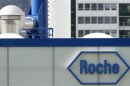 A logo is pictured on Swiss drugmakers Roche plant in Kaiseraugst