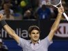 Roger Federer of Switzerland celebrates defeating Jo-Wilfried Tsonga of France in their men's singles quarter-final match at the Australian Open tennis tournament in Melbourne