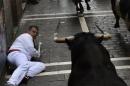 A runner falls in front of a Torrestrella fighting bull at the San Fermin festival in Pamplona