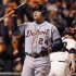 Detroit Tigers' Miguel Cabrera reacts after striking out against the San Francisco Giants in the eighth inning during Game 1 of the MLB World Series baseball championship in San Francisco