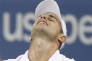 Roddick of the U.S. reacts to winning a point against Tomic of Australia at the US Open men's singles tennis tournament