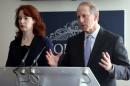 Former US diplomat Richard Haass, right, and co-chair Prof Meghan O'Sullivan speak to the media during a press conference in Belfast, Northern Ireland, Saturday, Dec. 28, 2013. They returned to Belfast to resume talks aimed at solving some of Northern Ireland's most contentious issues. Dr Haass said he was back "for one final effort to help reach agreement". Talks by the main parties on parades, the flying of the union flag and the legacy of past violence broke up without agreement on Christmas Eve. (AP Photo)