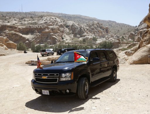 U.S. President Barack Obama's SUV is pictured against a rocky landscape in Petra