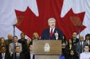 Canadian Prime Minister Stephen Harper speaks at a news conference in Richmond Hill