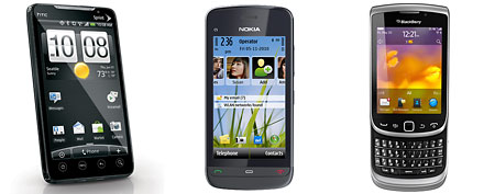 (L-R) HTC EVO (AP/Spring); Nokia C5-03 (Nokia); Blackberry Torch 9810 (RIM)