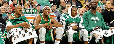 Ray Allen #20 Paul Pierce #34 Rajon Rondo #9 and Kevin Garnett #5 of the Boston Celtics sit on the bench during a game. Copyright 2011 NBAE (Photo by Steve Babineau/NBAE via Getty Images)