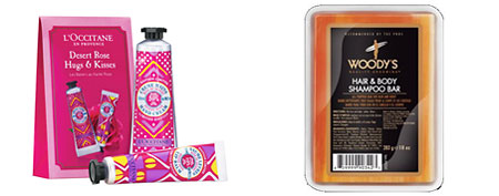(L-R) L'Occitane Desert Rose Hugs & Kisses Collection, Woody's Meat and Potatoes Cleansing Bar