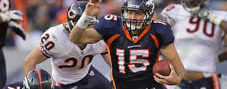 Quarterback Tim Tebow #15 of the Denver Broncos scrambles against the Chicago Bears at Sports Authority Field at Mile High on December 11, 2011 in Denver, Colorado. The Broncos defeated the Bears 13-10 in overtime. (Photo by Doug Pensinger/Getty Images)