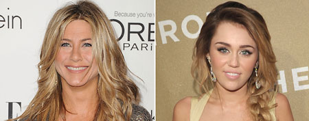 (L-R) Jennifer Aniston (Jason Merritt/Getty Images); Miley Cyrus (John Shearer/WireImage)