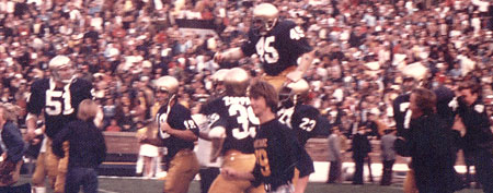 Daniel 'Rudy' Ruettiger #45 defensive end of the University of Notre Dame Fighting Irish plays football at Notre Dame Stadium in South Bend, Indiana. (Photo by Notre Dame/Collegiate Images/Getty Images)