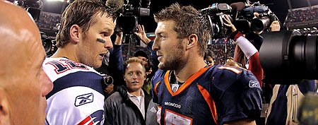 Quarterback Tom Brady #12 of the New England Patriots talks with quarterback Tim Tebow #15 of the Denver Broncos after the game at Sports Authority Field at Mile High on December 18, 2011 in Denver, Colorado. The Patriots defeated the Broncos 41-23. (Photo by Doug Pensinger/Getty Images)