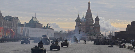 Red Army World War II tanks parade in Red Square in Moscow, Russia, Monday, Nov. 7, 2011. (AP Photo/Sergey Ponomarev)