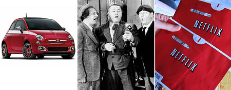 (L-R) Fiat 500 (Fiat USA); Three Stooges (Everett Collection); Netfilx mailers (AP)