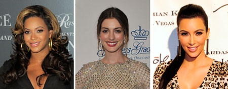 (L-R) Beyonce (Photo by Jemal Countess/Getty Images),Anne Hathaway( Photo by Stephen Lovekin/Getty Images for Princess Grace Foundation), Kim Kardashian (Photo by Steven Lawton/FilmMagic)