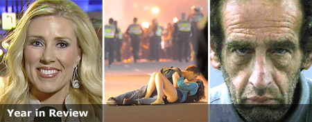 L-R: Serene Branson reports on the Grammy awards show outside the Staples Center in Los Angeles, February 13, 2011. (AP); Riot police walk in the street as a couple kisses on June 15, 2011 in Vancouver, Canada. (Rich Lam/Getty Images); Max Melitzer (AP)