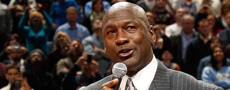 Michael Jordan, owner of the Charlotte Bobcats, addresses the crowd after being inducted into the North Carolina Sports Hall of Fame on December 14, 2010 at Time Warner Cable Arena in Charlotte, NC.(Photo by Kent Smith/NBAE via Getty Images)