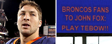 (L-R) Denver Broncos quarterback Tim Tebow,  (Ron Chenoy-US PRESSWIRE) and a sign that was posted in Denver, asking Broncos head coach John Fox to start Tebow at quarterback (Denver Post).