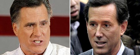 Mitt Romney (AP Photo/Charlie Riedel); Rick Santorum (AP Photo/Charlie Riedel)