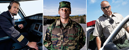 (From left) Commercial pilot, Army soldier, police officer (Corbis)