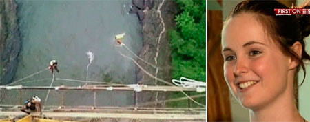 Erin Langworthy makes a splash as she plummets into the Zambezi River after her bungee cord breaks during her jump in Victoria Falls in this still image taken from video December 31, 2011. / Bungee jumper Erin Langworthy (REUTERS/Nine Network via Reuters TV)
