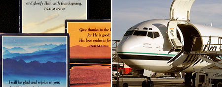 (L-R) Prayer cards, file photo of Alaska Airlines jet (AP)