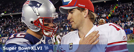 New York Giants' Eli Manning, right, is congratulated by New England Patriots' Tom Brady after the Giants' 24-20 win in an NFL football game in Foxborough, Mass., Sunday, Nov. 6, 2011. (AP Photo/Charles Krupa)