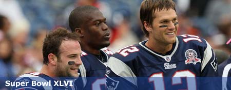 Wes Welker #83, Benjamin Watson #84, and Tom Brady #12 of the New England Patriots (Photo by Jim Rogash/Getty Images)