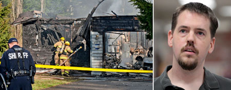 Firefighters work around the smoldering remains of burned house (John Froschauer/AP); Josh Powell (Elaine Thompson/AP)