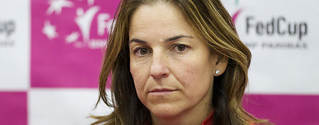 Spanish team captain Arantxa Sanchez Vicario listens to a question during the team's news conference in Moscow, Russia, Wednesday, Feb. 1, 2012. Spain faces Russia at their World Group first round match on the upcoming weekend. (AP Photo/Ivan Sekretarev)