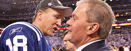 Quarterback Peyton Manning #18 of the Indianapolis Colts and team owner Jim Irsay. (Photo by Al Pereira/Getty Images)