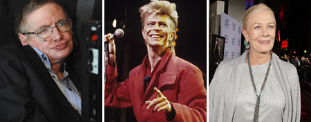 Stephen Hawking (Photo by Dimitrios Kambouris/WireImage) , David Bowie (Photo by Larry Busacca/WireImage) and Vanessa Redgrave (Photo by Eric Charbonneau/Le Studio/Wireimage)