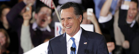 Mitt Romney speaks at his Super Tuesday primary election night rally in Boston, March 6, 2012. (REUTERS/Jessica Rinaldi)