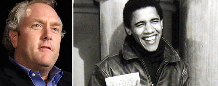 (L-R) Andrew Breitbart (AP), Barack Obama at Harvard (AP via Obama Presidential Campaign)