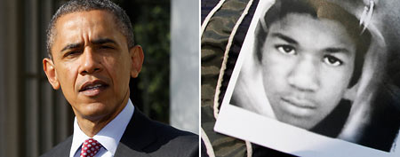 President Barack Obama (AP/Charles Dharapak), sign at a rally for Trayvon Martin (Reuters/Jonathan Alcorn)