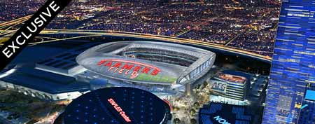 L.A. stadium deal in trouble: In this rendering released by AEG, the proposed football stadium to house a NFL team in Los Angeles, California is seen. It was announced February 1, 2011 that AEG has sold the naming rights for the proposed stadium to Farmers Insurance Group for $650,000, calling the stadium 'Farmers Field.' (Illustration by AEG via Getty Images)