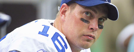 Quarterback Ryan Leaf #16 of the Dallas Cowboys looks on from the bench during the game against the Atlanta Falcons on November 11, 2001. (Photo by Scott Halleran /Getty Images)