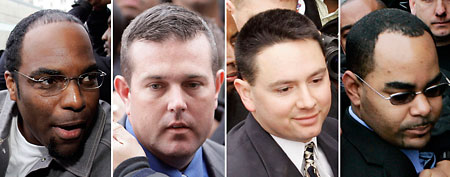 New Orleans police officers sentenced to prison for killing residents after Katrina:  From left: Robert Faulcon Jr., Robert Gisevius Jr., Kenneth Bowen, and Anthony Villavaso II. (AP Photos, File)