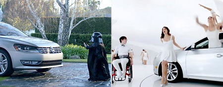 (From left) A Volkswagen commercial featuring a child dressed as Darth Vader/"See the U.S.A. in Your Chevrolet," featured the "Glee" cast in an elaborate production number. (Photos via Yahoo! Finance)