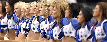 The Dallas Cowboys Cheerleaders during an NFL football game against the Jacksonville Jaguars in Arlington, Texas, on Sunday, Oct. 31, 2010. (AP Photo/Mike Fuentes)