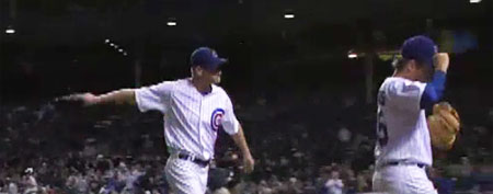 Kerry Woods is about to toss his glove into the stands (Y! Sports screengrab)