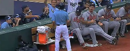 Members of the Atlanta Braves razz a ballboy after he flubs an easy play. (Screen grab courtesy of Yahoo! Sports Blogs)