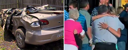 (L-R) Wreckage from graduation day crash; mourners gather (WEWS Cleveland)
