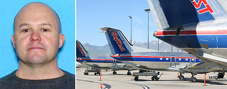 L-R: This undated image provided by the Colorado Springs Police Department on Tuesday, July 17, 2012 shows Brian Joseph Hedglin. (AP Photo/Colorado Springs Police Department); SkyWest Airlines (Stephen Hilger/Bloomberg via Getty Images)