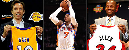 (L-R) Lakers guard Steve Nash; Knicks forward Carmelo Anthony; Heat guard Ral Allen (AP Photos)