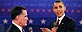 Republican presidential nominee Mitt Romney and President Barack Obama gesture towards each other during the second U.S. presidential campaign debate in Hempstead, N.Y. (REUTERS/Jim Young)