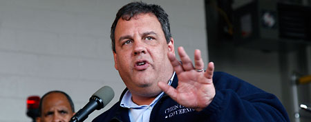 Christie praises Obama's storm response. Here, N.J. Gov. Chris Christie gives a press briefing during Hurricane Sandy. (AP Photo/Mel Evans)