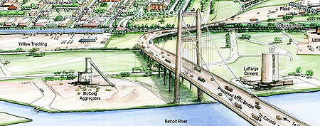 In this 2012 artist's rendering, a proposed new bridge linking Detroit and Windsor, is shown. Prime Minister Stephen Harper is welcoming the decision by voters in Michigan to reject a proposal for a statewide vote on plans for any new international crossing. THE CANADIAN PRESS/AP, Michigan Department of Transportation