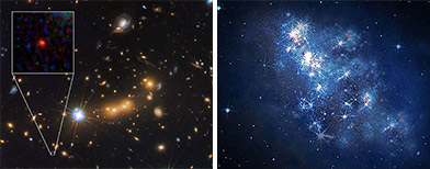The red dot shows the galaxy as seen by the Hubble telescope / An artist's rendition of the newly-discovered galaxy (NASA)